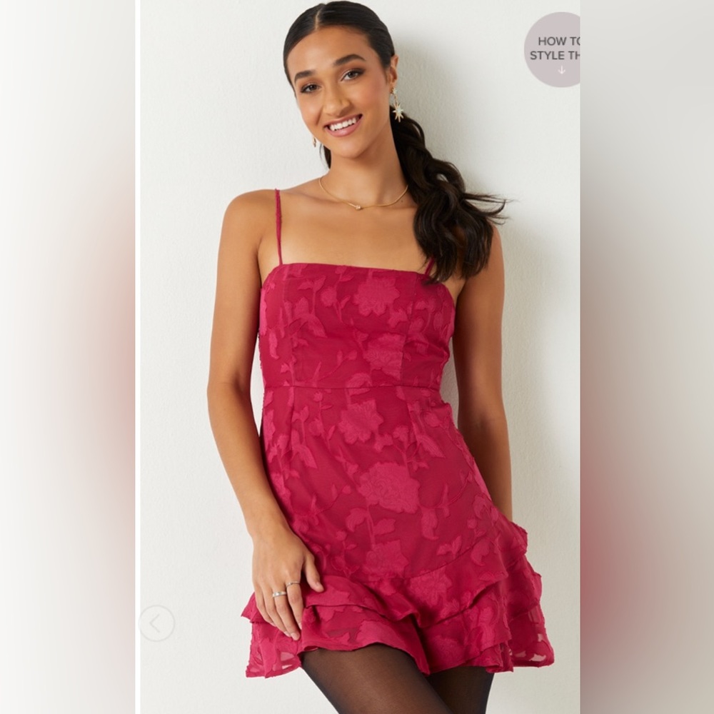 Francesca's NWT Christian Jacquard Ruffle Hem Mini Dress - Pink
